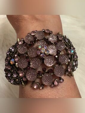 Amethyst Colored Bohemian Faceted Rhinestone Hinged Bangle Bracelet Y2K